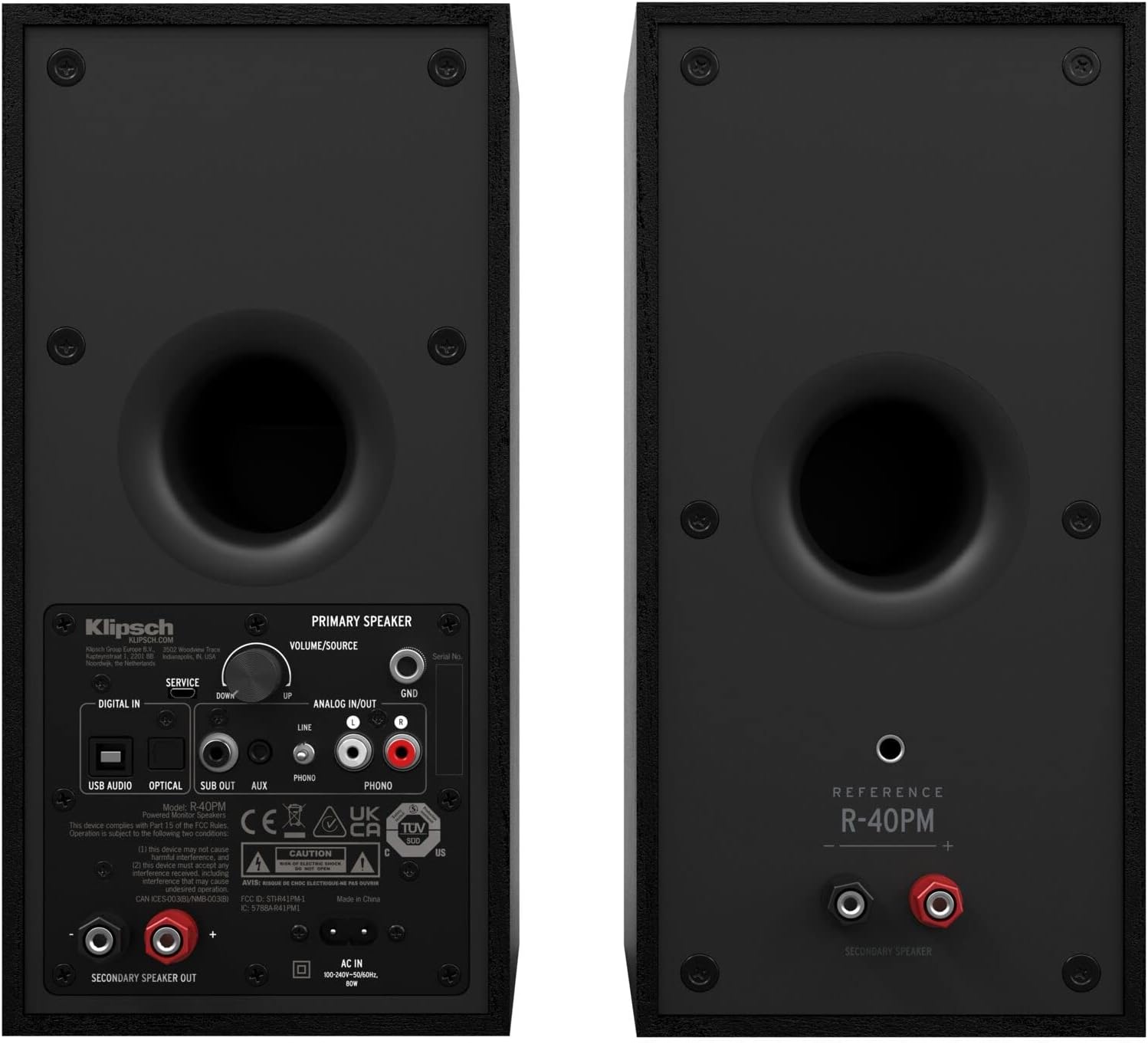 Klipsch Reference R-40PM Powered Bookshelf Speakers - 90-Degree x 90-Degree Tractrix Horn - Linear Travel Suspension - Sleek, Modern Appearance (Renewed)