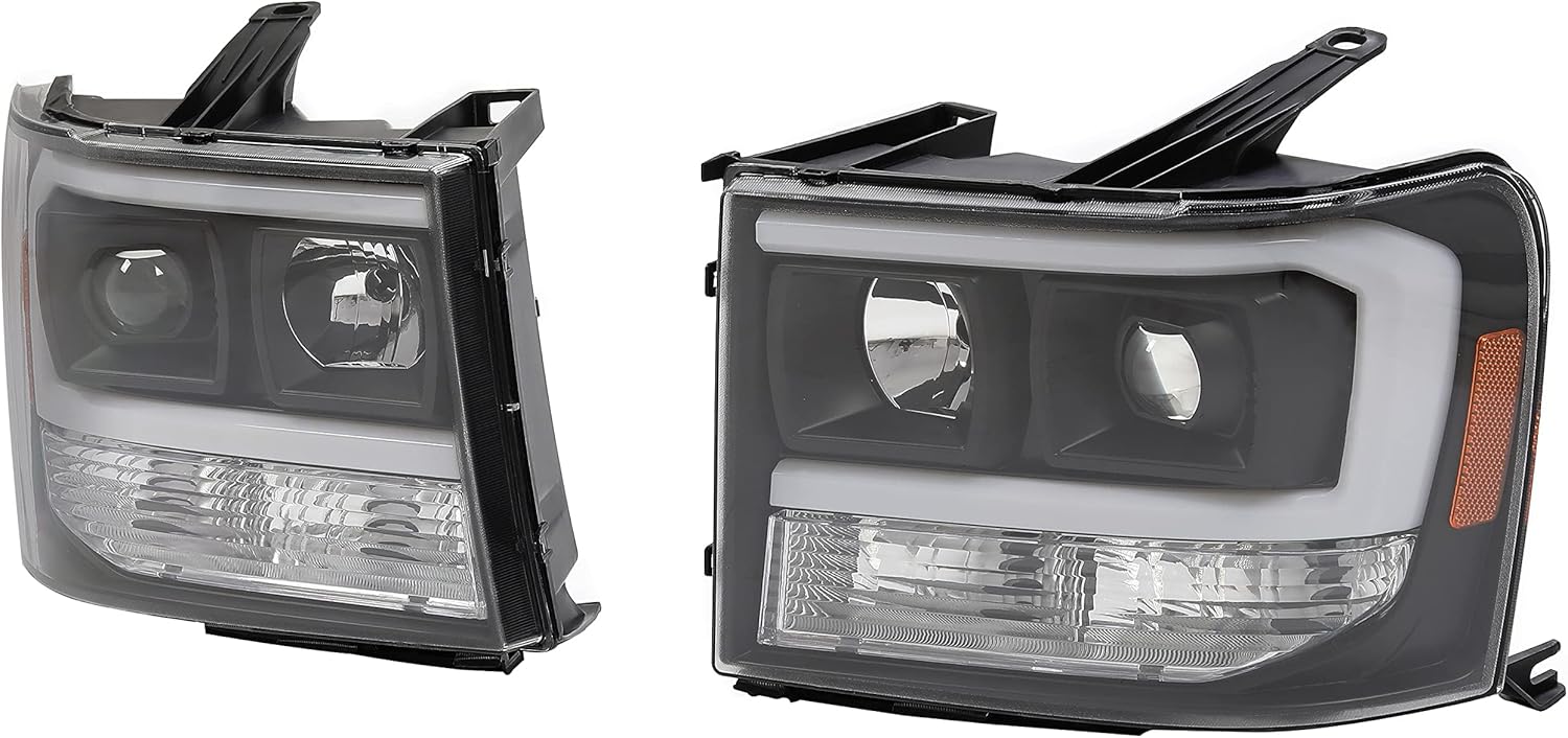 HECASA LED Projector Headlights Compatible with 2007-2014 GMC Sierra 1500 2500HD 3500HD LED Tube Bar Replacement for GM2502283 GM2503283 Headlamps Assembly Clear Lens Black Housing