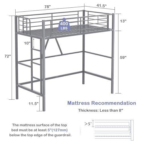 VECELO Metal Loft Bed Twin Size, Heavy Duty Bedframe with Removable Ladder and Safety Guardrail, Space-Saving, Noise Free, No Box Spring Needed, Off White