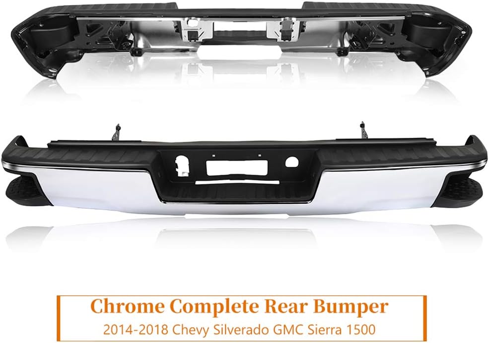 FINDAUTO Chrome Back Bumpers, Rear Step Bumper fit for 2014-2018 for Chevy Silverado for GMC Sierra 1500 without Parking Sensor Holes