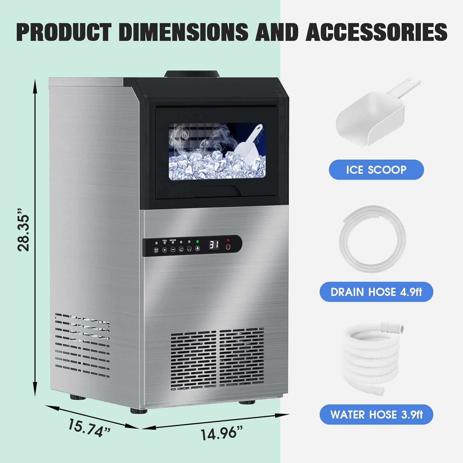 Commercial Ice Maker Machine 100Lbs/24H, Under Counter Ice Maker with Large Storage Bin, 2 Way Water Inlet, 45 Ice Cubes, Tap Water & Top Loading Freestanding Ice Machine for Home, Office, Bars