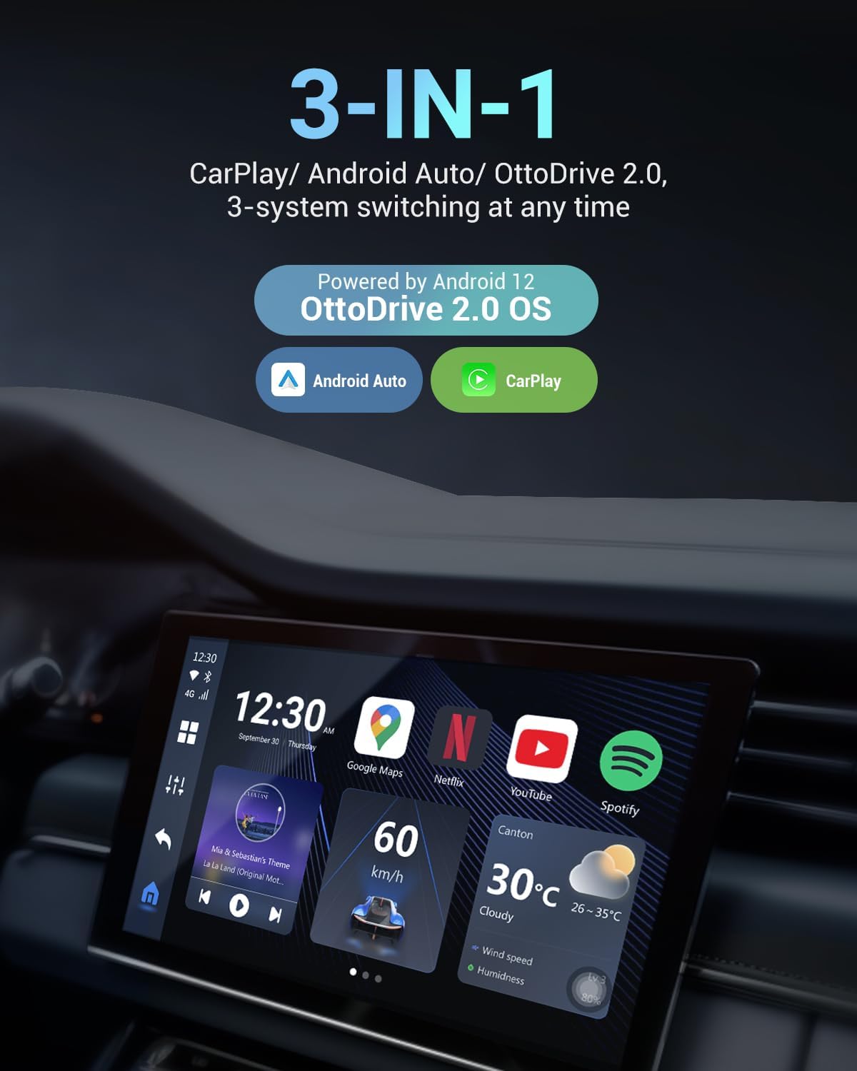 OTTOCAST P3 CarPlay AI Box - Android 12.0 CarPlay Video Adapter Wireless CarPlay Android Auto Adapter, Multimedia AI Box Support HDMI Output Youtube Netflix Disney+ Tiktok Streaming Videos to Your Car
