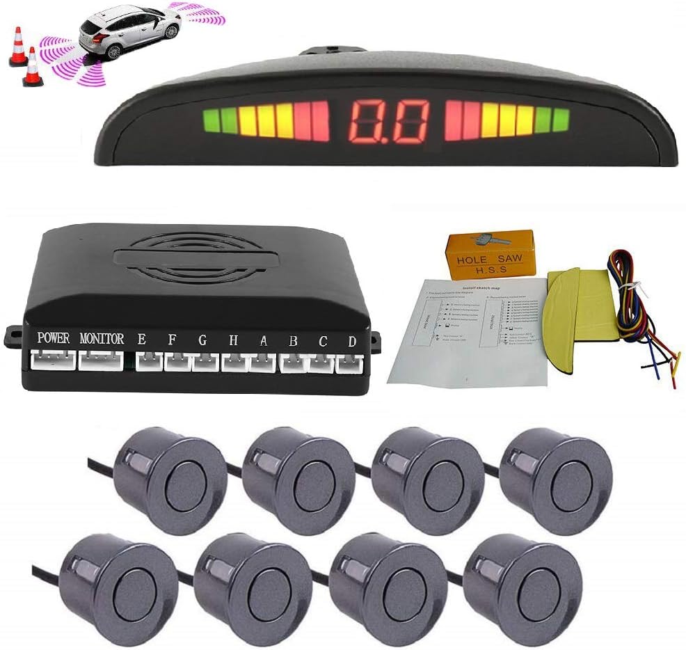 Car Parking Sensor - Bessie Sparks Car Reverse Parking Radar System 8 Reversing Sensors Kit with Front and Rear Alarm Buzzer Reminder LED Display Safe Driving (White) Pack of 2