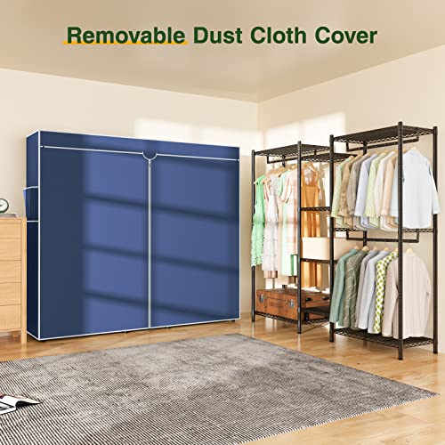 LEHOM G6C Heavy Duty Clothes Rack with Cover, Wire Garment Rack for Hanging Clothes, Compact Closet Storage Clothing Rack with Blue Oxford Fabric Cover, Adjustable Hanging Clothes Racks for Bedroom