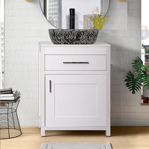 24 Inch Bathroom Vanity Sink Combo, Modern Pedestal Vanity Set, Sink Stand Under Sink Storage Cabinet Basin Vessel Sink with Chrome Faucet, Pop Up (WHITE WOOD 99B)