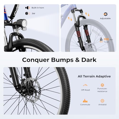 Jasion EB5 Electric Bike for Adults with Peak 500W Brushless Motor, 40Miles 20MPH Commuting Electric Mountain Bike with 360Wh Removable Battery, 7-Speed, 26" Tires and Front Fork Suspension