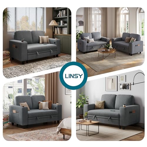 LINSY HOME Sectional Sleeper Sofa with Pull Out Couch Bed Convertible Plush Corduroy Cloud Couch with Storage Chaise & USB Charging, Comfy L Shaped Modular Couches for Living Room Apartment (Grey)