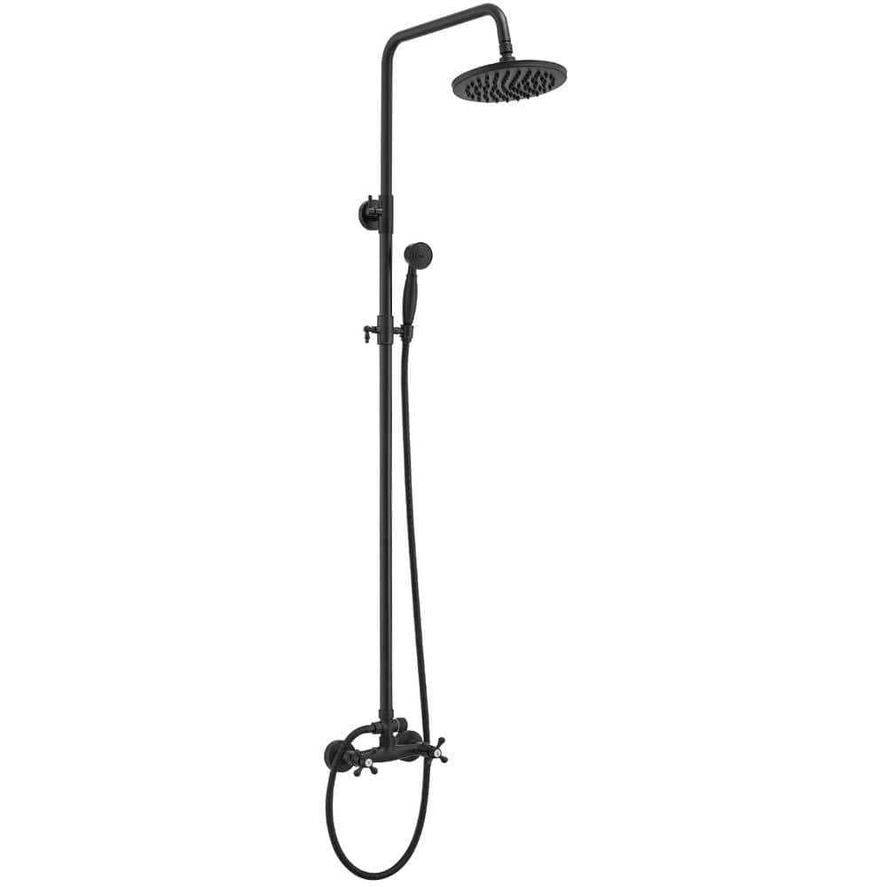 BWE 2-Spray Outdoor Wall Bar Shower Kit 8 in. Round Rain Shower Head with Hand Shower and 2 Cross Knobs in Matte Black