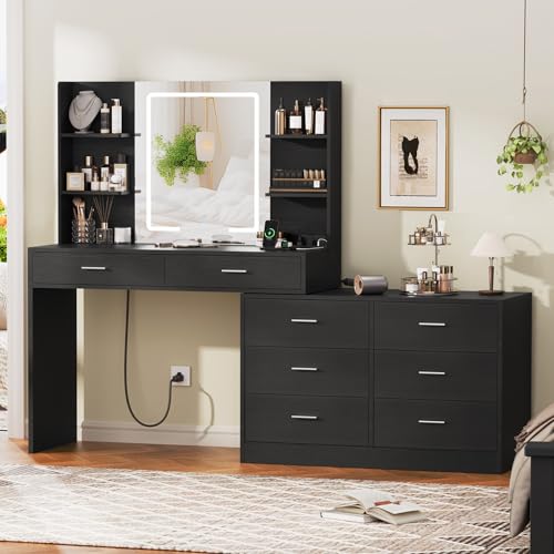 Quimoo 65.9" Vanity Desk with LED Lighted Mirror & Power Outlet, Modern Corner Makeup Vanity Table with 8 Drawers & Open Shelves, Dressing Table for Bedroom, Makeup Room