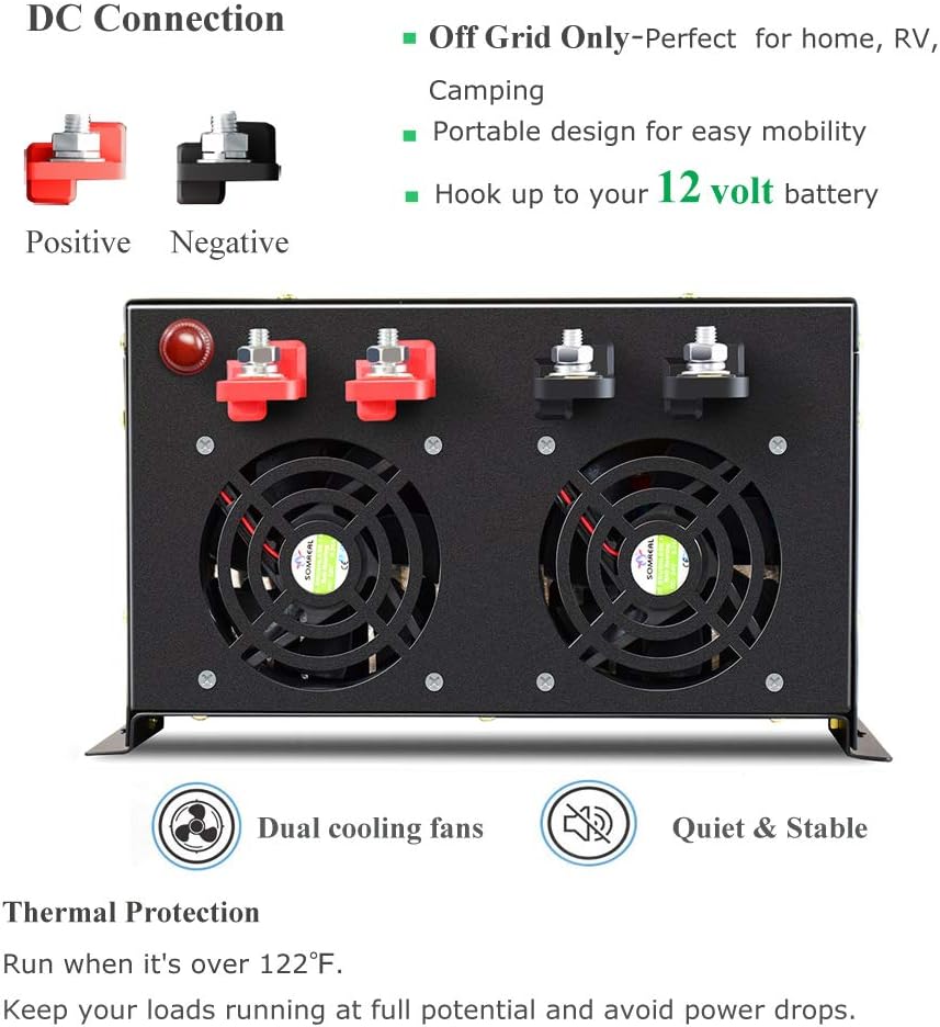 Reliable 8000W Continuous Power Heavy Duty Pure Sine Wave Power Inverter DC 48V to AC 120V with 4 AC Outlets Remote Control 66A Hardwire Terminal and LED Display for RV Car Solar System Emergency