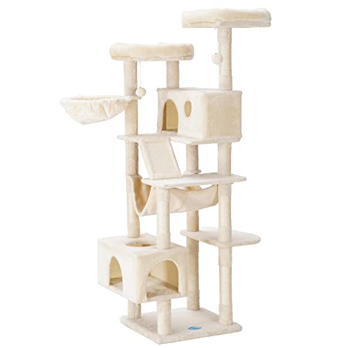 Hey-brother Cat Tree, XL Cozy Cat Tower, 69 Inch Tall Cat Condo with Hammock, Basket, Scratching Posts, 2 Large Cat Caves, 2 Plush Perches, Stable Cat Activity Center, Light Gray MPJ033W