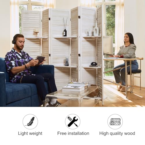 Room Divider with Shelves, 5.6 Ft Tall Folding Wood Screen with Double Hinges for Home Office Bedroom Hotel Decoration (6 Panels, Brown)