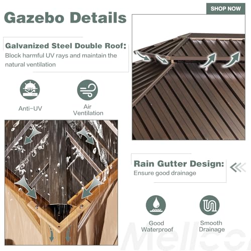 MELLCOM 12'x16' Hardtop Gazebo, Galvanized Steel Metal Double Roof Canopy with Curtains and Netting, Brown Permanent Pavilion Gazebos with Aluminum Frame for Garden, Patio, Lawns, Deck