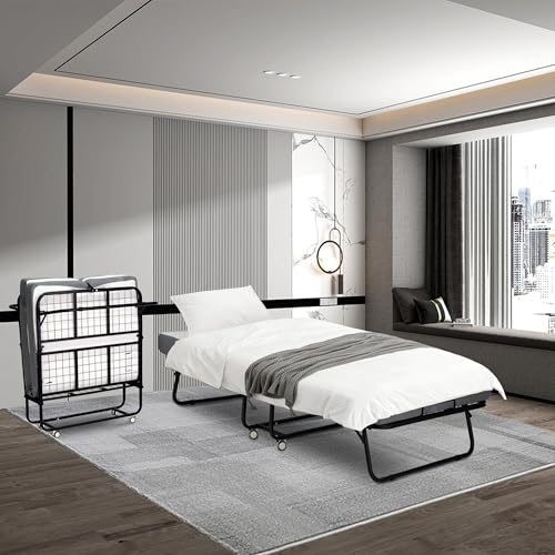 Folding Bed, Portable Foldable Bed with Mattress, 75"x 38" Rollaway Bed Guest Bed for Adults, Fold up Bed with Sturdy Metal Frame& Wheels, Space-Saving Sleeper Bed,Black