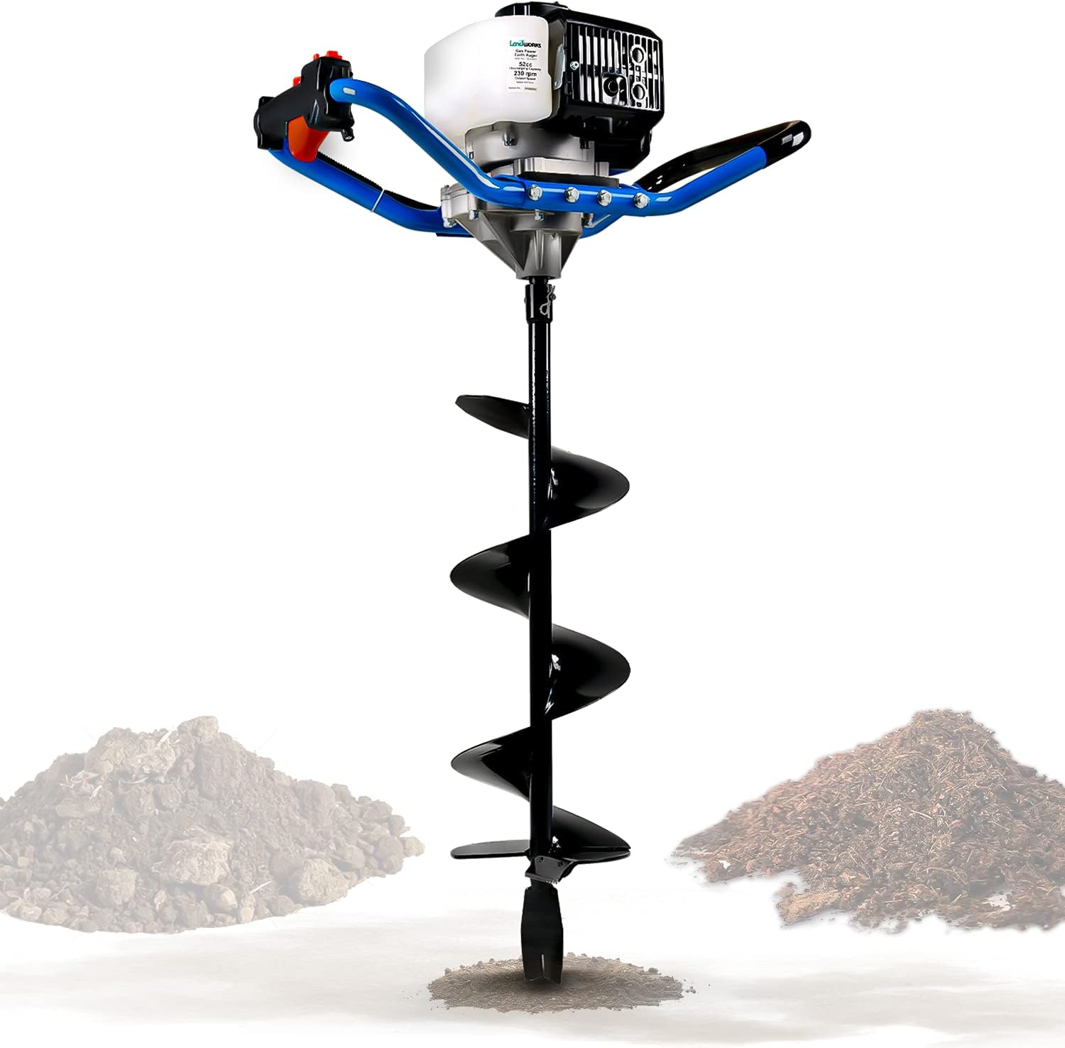 Landworks Earth Auger Power Head Heavy Duty 3HP 52cc 2 Stroke Gas Engine w/Steel 8"x24" Bit w/Fishtail One Man Post Hole Digger for Planting, Earth Burrowing/Drilling & Fences