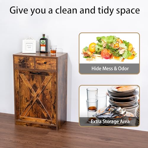 13 Gallon Tilt Out Trash Cabinet with 2 Drawers Wood Hidden Kitchen Recycling Cabinet Free Standing Pet Proof Trash Can Laundry Cabinet for Kitchen (Rustic Brown)