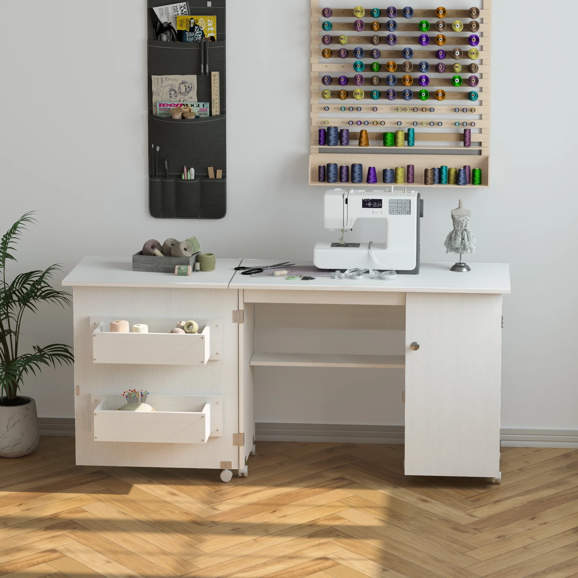 Homfa Folding Sewing Machine Table with Cabinet, 63 Inch Multipurpose Large Sewing Craft Cart with Storage Shelves, Sewing Desk with Lockable Casters, Sturdy and Durable, White
