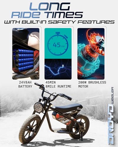 Droyd Weeler Electric Mini Bike for Kids, 200W Motor w 2 Speed Settings (10 Mph & 6 Mph), 24V 8Ah Battery for 8 Miles Range, Rear Disc Brake, and 15" Tires, Safe & Fun E Bike for Ages 6+