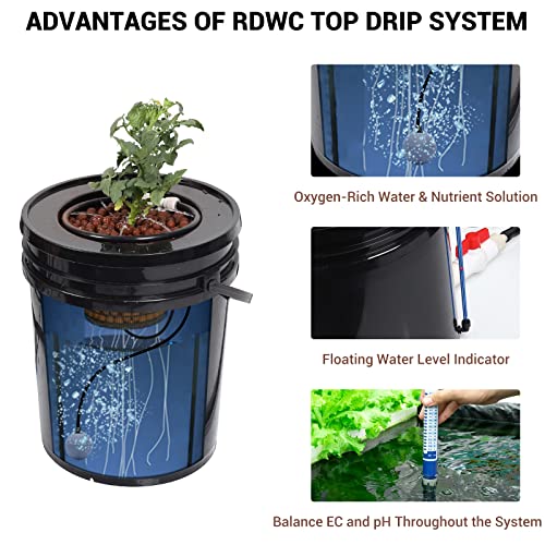 RDWC Top Feed Drip Hydroponics Systems, Recirculating Deep Water Culture Hydroponic Bucket System, 5 Gallon Hydroponics Growing System Kit with Water Pump, Air Pump(4 Bucket + Reservoir + Drip Kit)