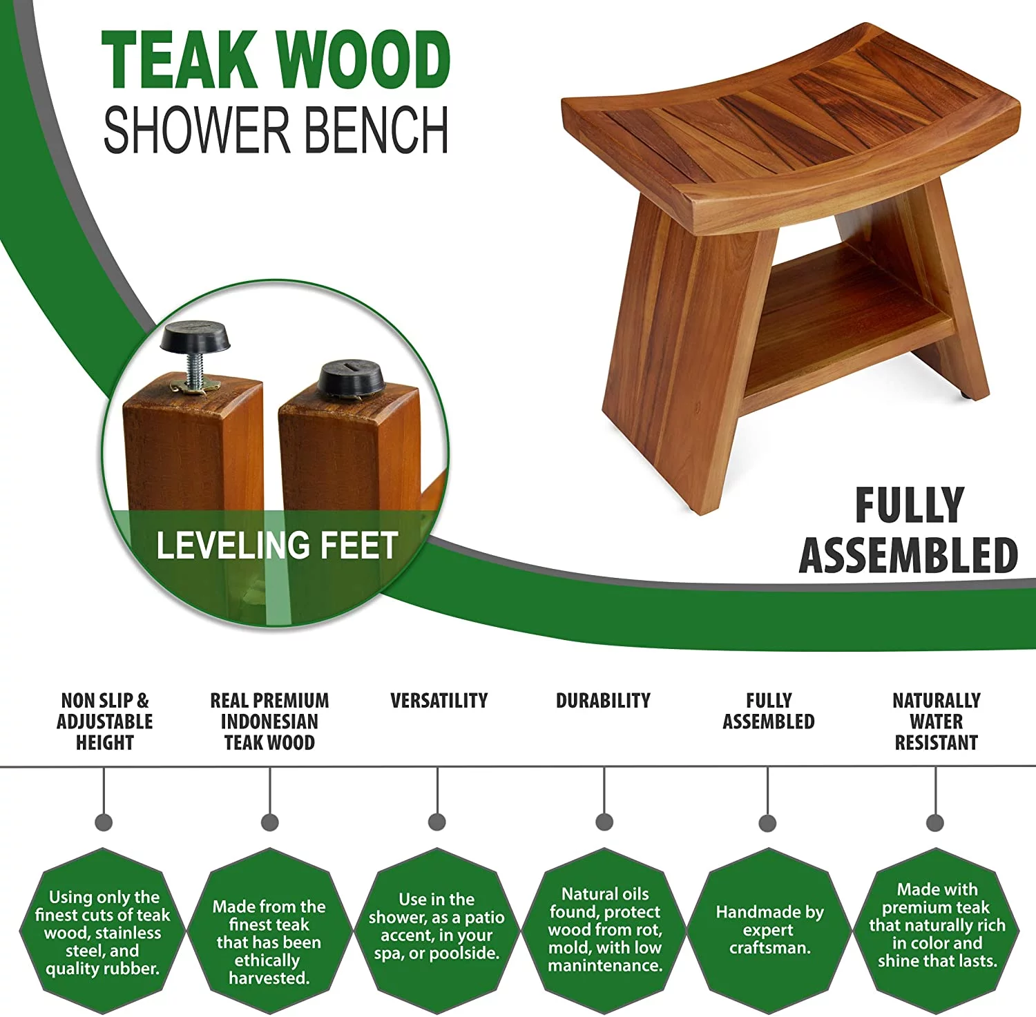 TeakCraft Teak Shower Stool with Shelf  Water Resistant, Non-Slip Premium Indonesian Teak Wood Bath Seat Bench for Shower  Fully Assembled Wood Spa Bath Organizer Seat with Leveling Feet, The Randi