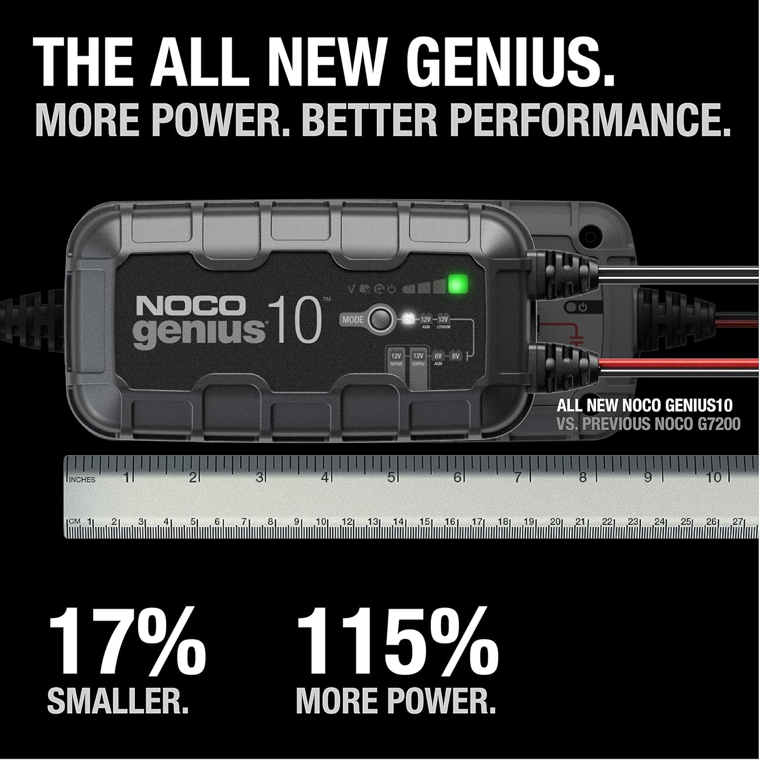 NOCO GENIUS10, 10-Amp Fully-Automatic Smart Charger, 6V and 12V Battery Charger, Battery Maintainer, Trickle Charger, and Battery Desulfator with Temperature Compensation , Black