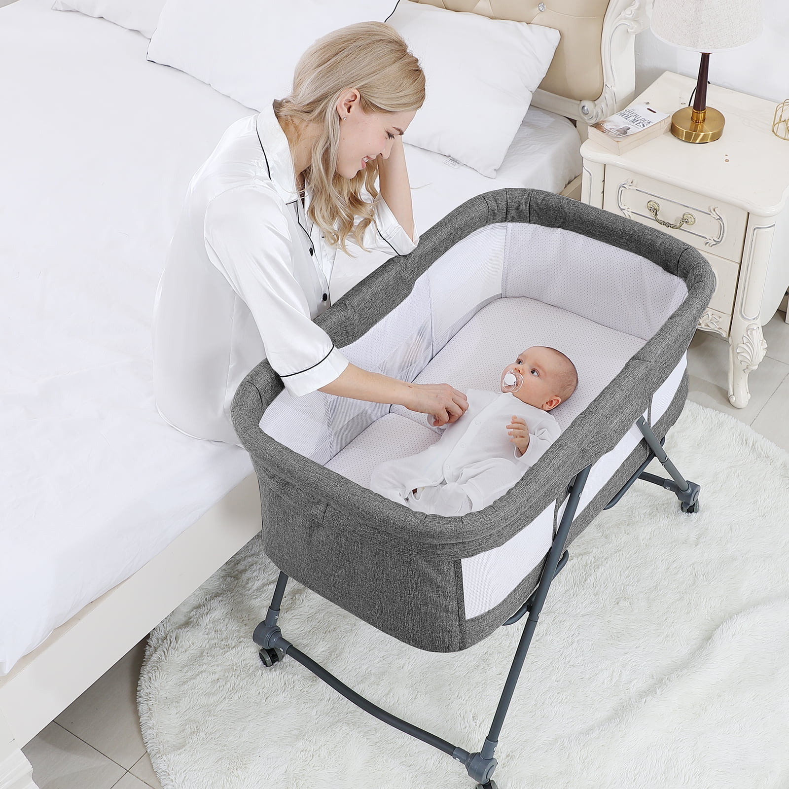 XJD Baby Bassinet Portable Folding Rocking Bassinet for Baby 2-in-1 Rocking Cradle Bassinet for Newborn Infant Crib Toddler Bassinet with Storage Basket, Travel Bag, Gray