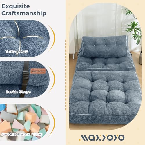 MAXYOYO Folding Sofa Bed, Convertible Sleeper Chair with Pillow Foldable Mattress with Back Support, Portable Fold Out Sofa Couch Fuzzy Fabric Comfy Floor Sofa Lounge for Living Room Apartment, Beige