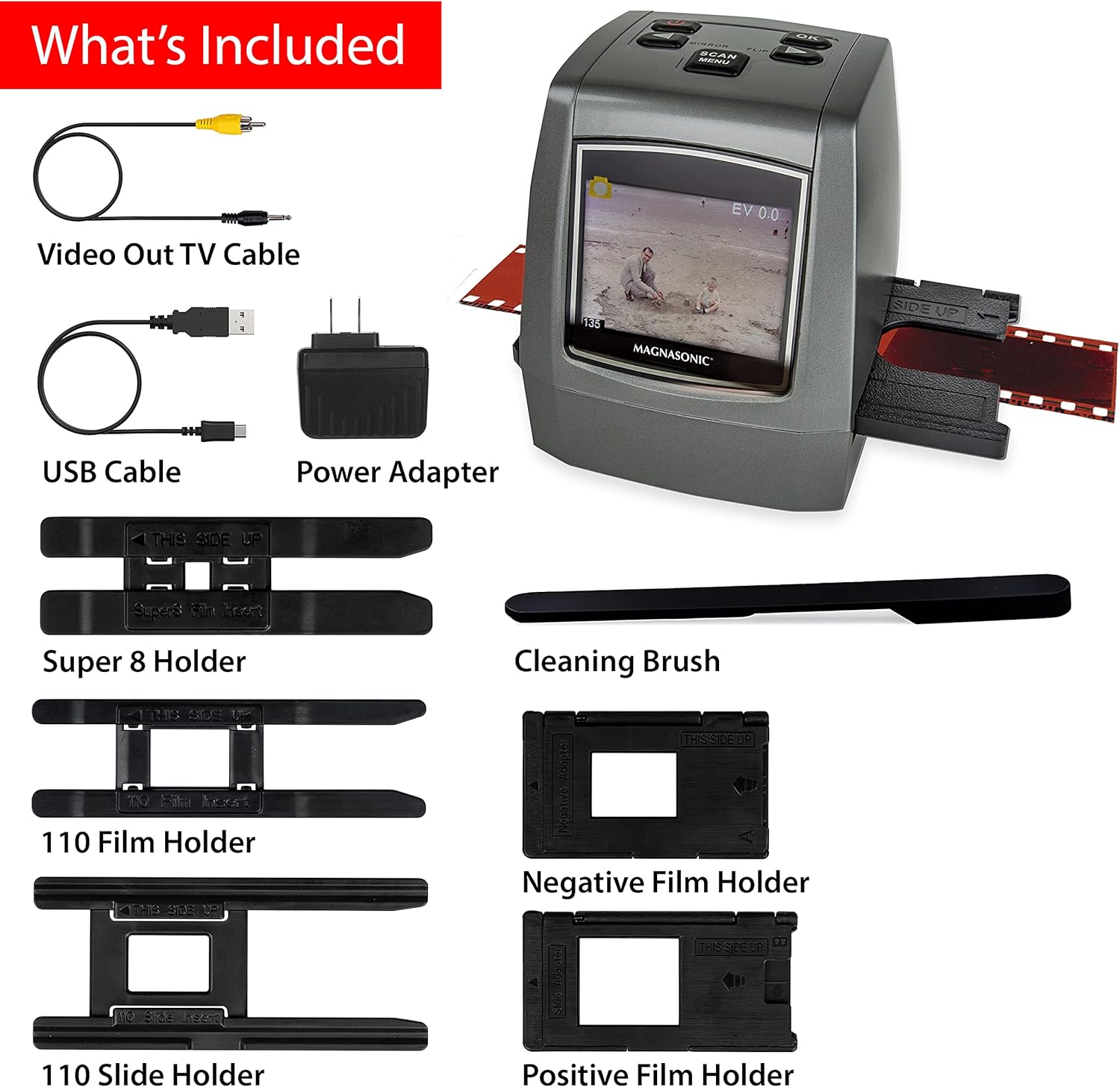 Magnasonic All-in-One High Resolution 22MP Film Scanner, Converts 35mm/126KPK/110/Super 8 Films, Slides, Negatives into Digital Photos, Vibrant 2.4 LCD Screen, Impressive 128MB Built-in Memory
