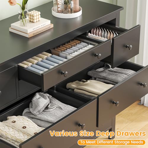 10 Drawer Large Black Dresser for Bedroom, 47.2" Long Chest of Drawers with Deep Drawers, Modern Wooden Storage Dresser for Closet, 36.2" Tall TV Stand for Living Room, Hallway, Entryway