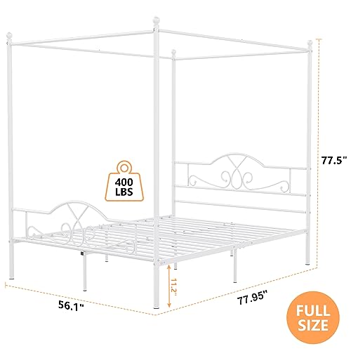 Weehom Full Canopy Bed Frame with Headboard and Footboard, Four-Poster Metal Canopied Platform Bed Mattress Foundation Underbed Storage Space No Box Spring Needed for Girls Adults Pink