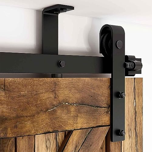 14FT Ceiling Mount Sliding Barn Door Hardware Kit Low Ceiling L-Shape Bracket System for 42" Wide Double Wood Door Heavy Duty (Basic Style Hanger)
