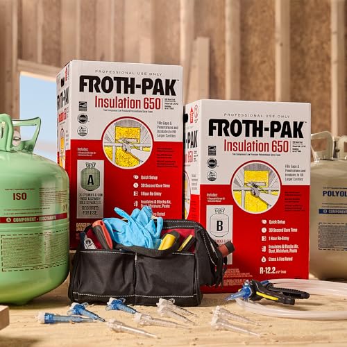 Froth-Pak 650 Spray Foam Insulation, 30 ft Hose. Low GWP Formula. Insulates Cavities, Penetrations & Gaps Up to 2" Thick. Yields Up to 650 Board ft. Two Component, Polyurethane, Closed Cell