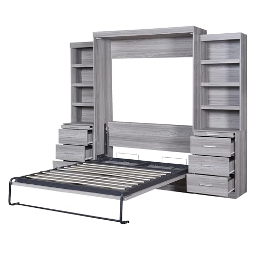 Solid Wood Full Size Murphy Bed Wall Bed with Shelves, Modern Murphy Bed Chest Cabinet Bed Closet Bed Platform Bed for Guest Room Home Office, Space-Saving Design (Grey-FL4)