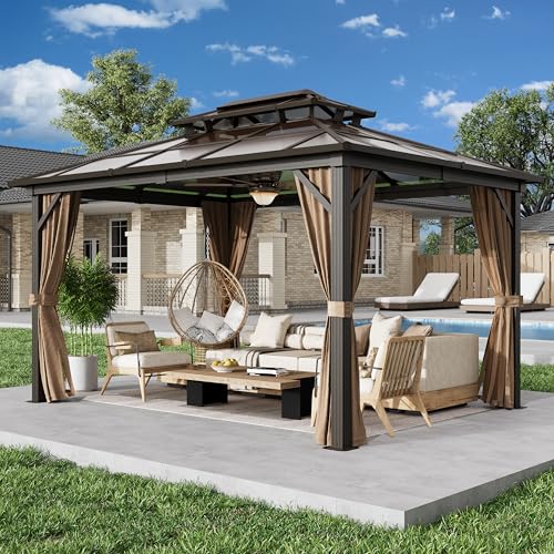 EROMMY 10' x 12' Hardtop Gazebo, Aluminum Frame Gazebos with Galvanized Steel Double Roof, Permanent Outdoor Metal Pavilion with Curtain and Netting for Patio, Lawn, Deck