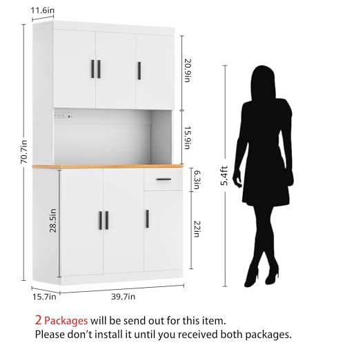 Black Kitchen Pantry Cabinet, 71" Tall Kitchen Storage Cabinet with Power Outlet, Freestanding Kitchen Hutch with countertop