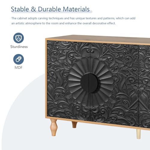 Sideboard Buffet Credenzas for Living Room, 63" Entryway Table with Storage Accent Cabinet, Carved Flowers Doors & Wire Holes