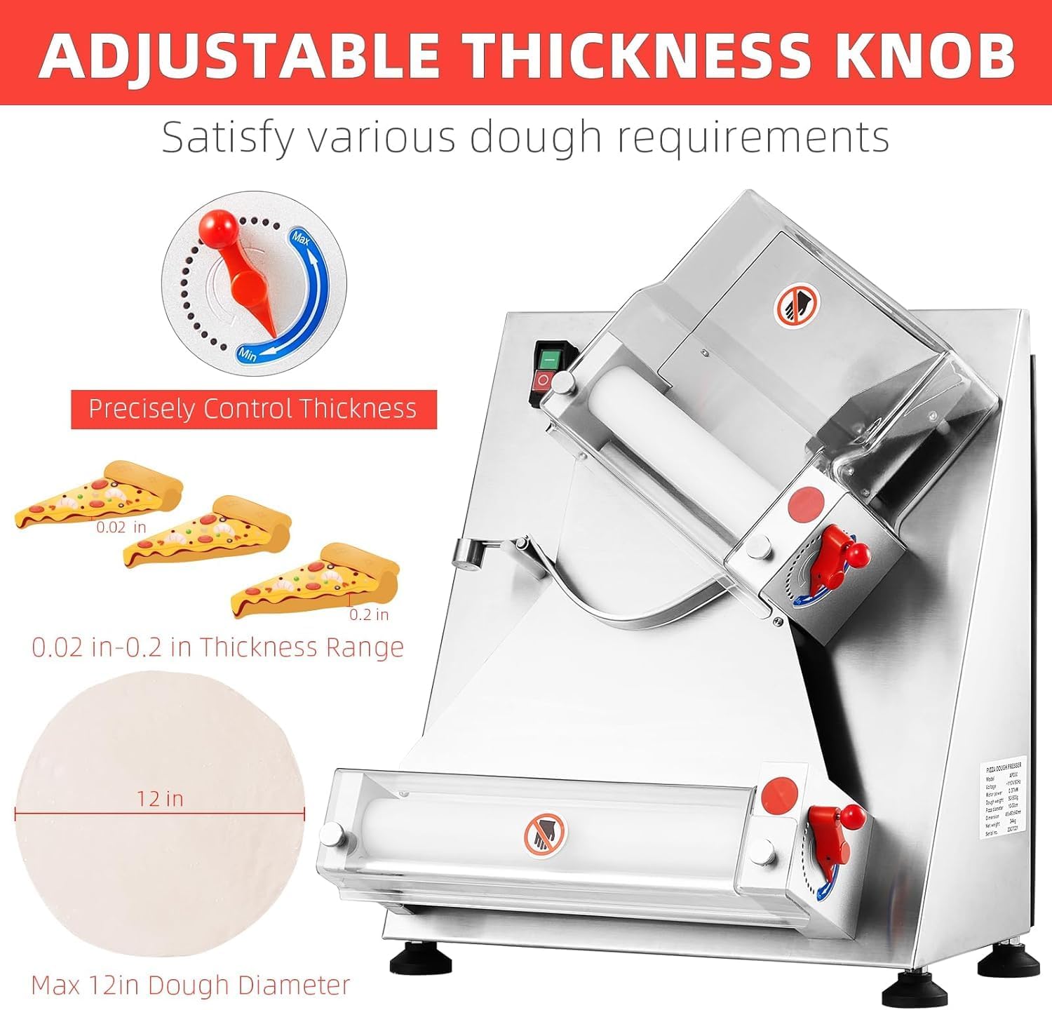 Commercial Pizza Dough Roller Sheeter, Max 12", Automatic 370W Electric Pizza Dough Roller, Stainless Steel, Suitable for Noodle, Pizza Bread and Pasta Maker Equipment