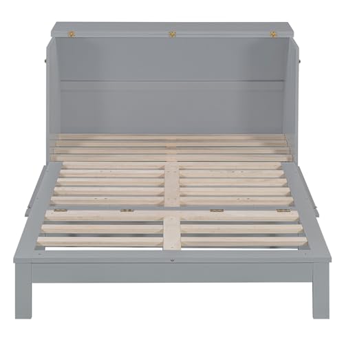 Full Size Murphy Bed Cabinet, Solid Wood Murphy Bed with Charging Station and Large Storage Drawer, Wall Mounted Foldable Platform Bed, Space Saving for Guest Room, Office, Gray