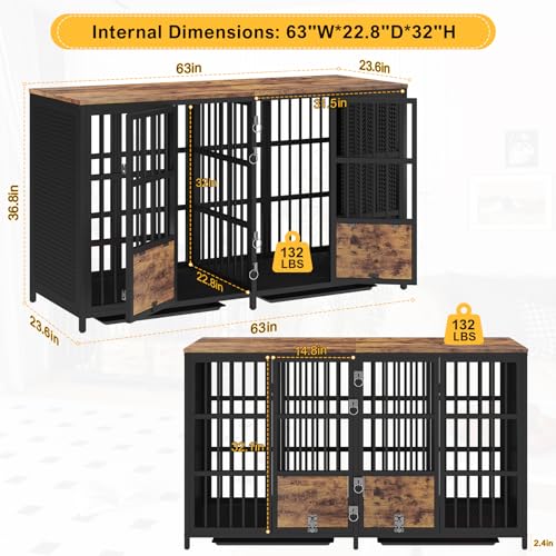 BOINN Large Dog Crate Furniture, 63 inch Heavy Duty Double Dog Crate with Divider, Extra Large Dog Kennel Furniture with Removable Trays for Medium Large Dogs