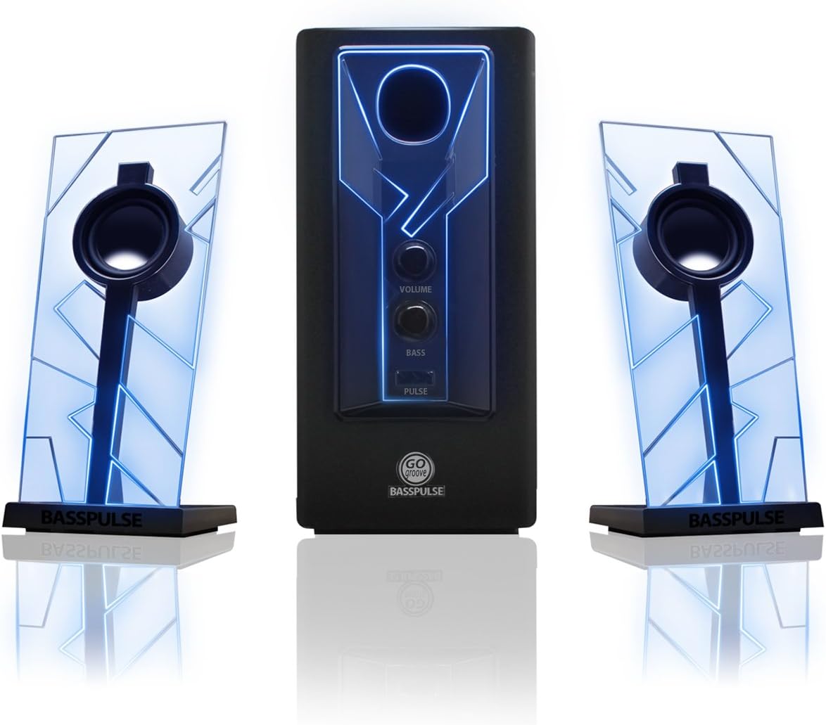 GOgroove BassPULSE 2.1 Computer Speakers with Green LED Glow Lights and Powered Subwoofer - Gaming Speaker System for Music on Desktop, Laptop, PC with 40 Watts, Heavy Bass Pack of 2