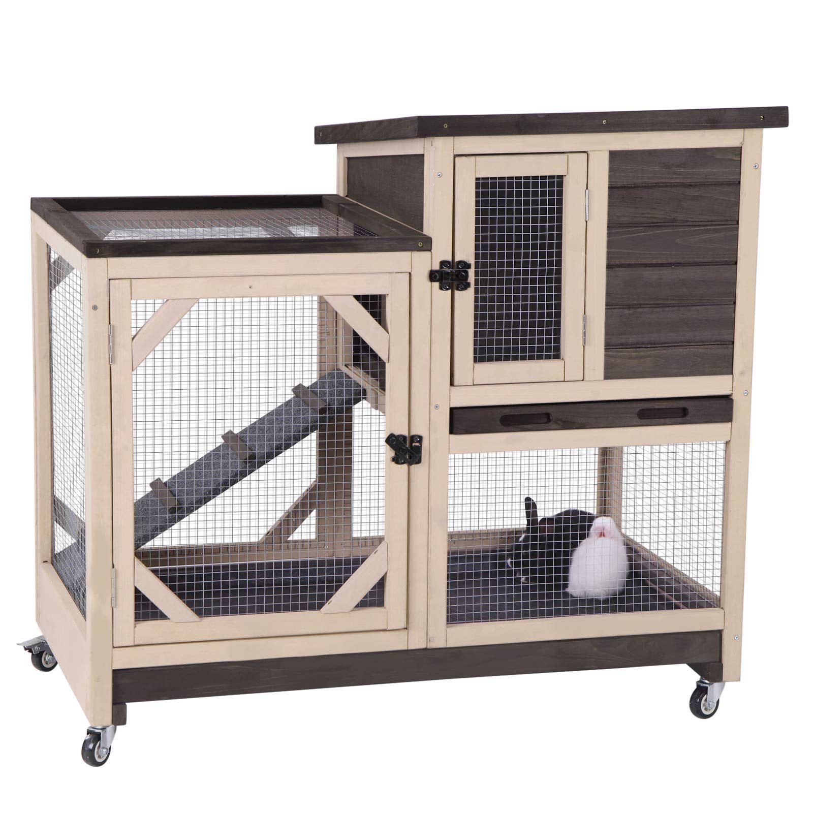 Upgrade Rabbit Hutch Rabbit Cage Indoor Bunny Hutch with Run Outdoor Rabbit House with Two Deeper No Leak Trays - 4 Casters Include (without Bottom