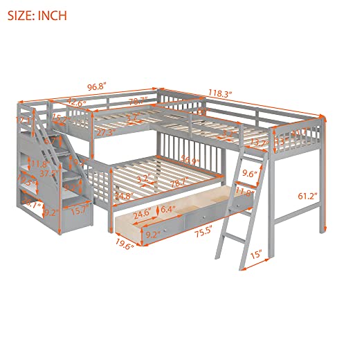 Twin Over Full L-Shaped Wooden Bunk Bed with Storage Drawers, Ladder and Staircase, Triple Bunk Bed Frame for 3 Kids Teens Adults, Gray