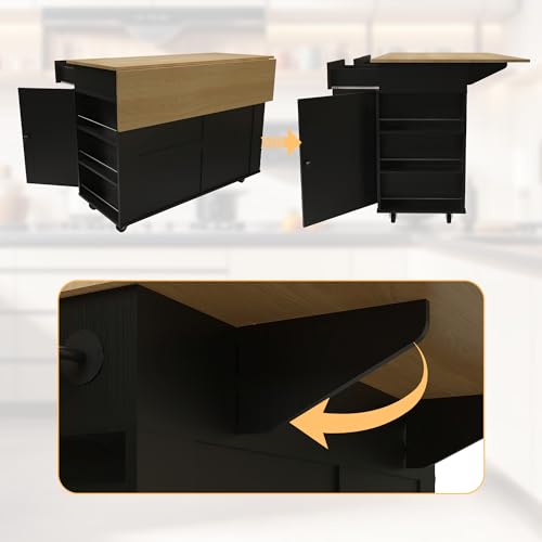GarveeHome Rolling Kitchen Island Cart with Power Outlet & Drop Leaf, Kitchen Storage Cabinet On Wheels with 3 Drawers, Spice Rack & Towel Rack, Mobile Island Table for Kitchen, Black