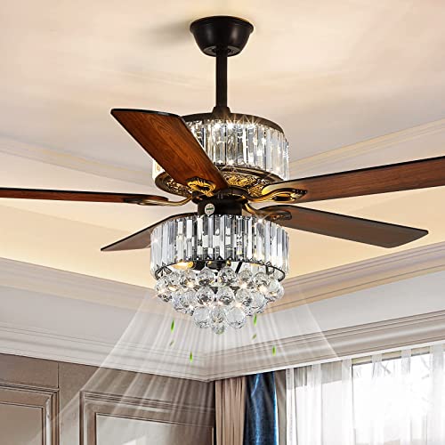 Modern K9 Crystal Fandelier Ceiling Fan with Lights and Remote Control,Outdoor Chandelier Ceiling Fan for Farmhouse,Dining Room,Living Room