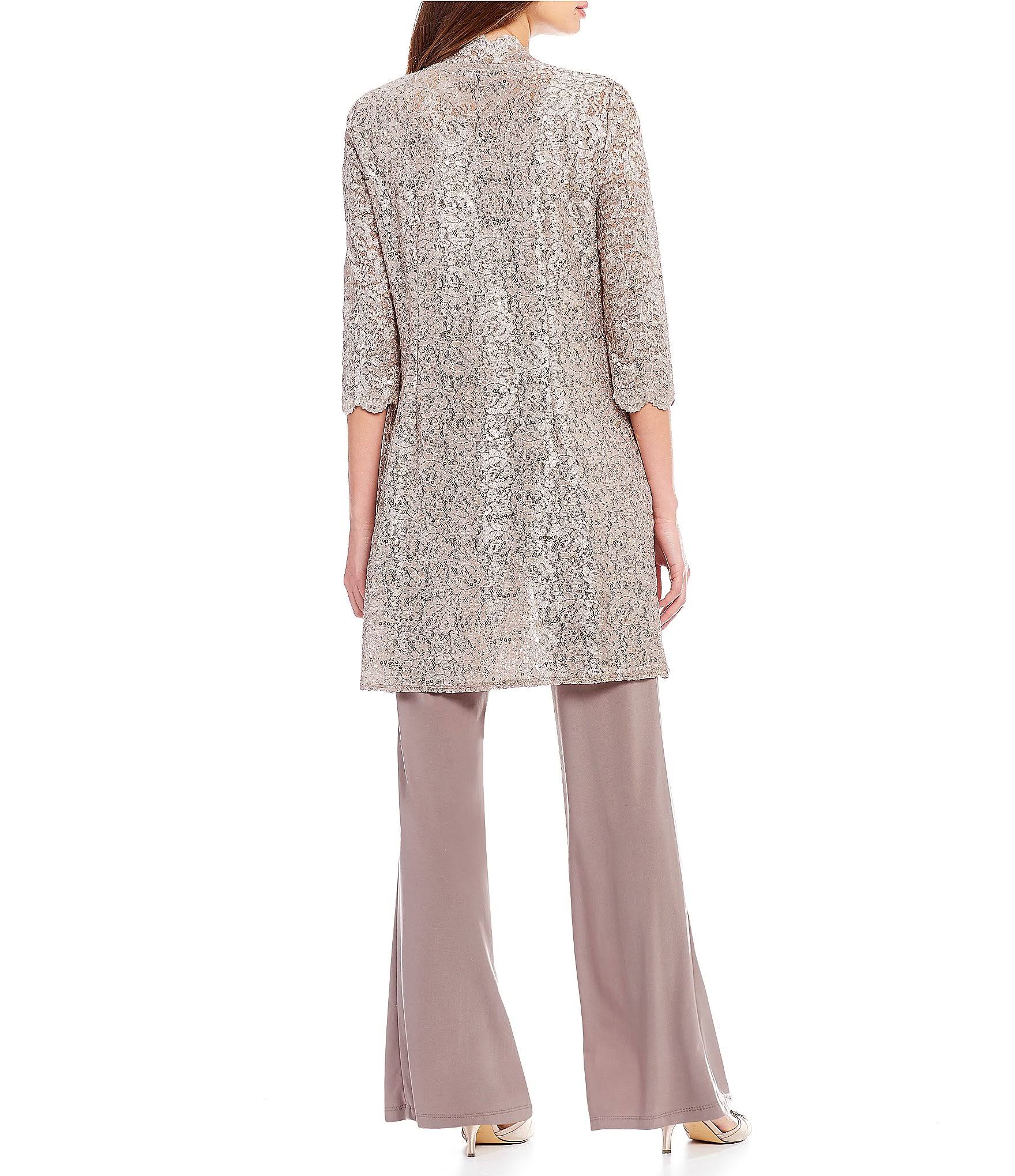 R M Richards 3-Piece Sequin Glitter Scallop Lace Duster Pant Set - 10