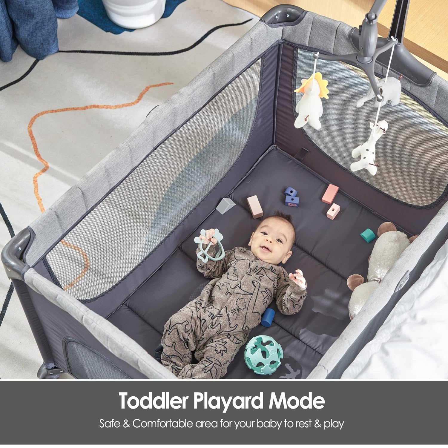 Baby Bassinet Bedside Bassinet Sleeper, 5-in-1 Pack and Play with Full-Size Bassinet,Baby Playard with Changing Table,Storage Shelf,Music Mobile with Soft Toys for Newborn to Toddlers (Grey)