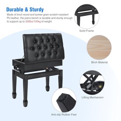 Adjustable Height Piano Bench with Storage, Heavy Duty Wooden Piano Stool Keyboard Bench with PU Leather Cushion, Brown