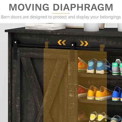 DWVO Farmhouse Shoe Cabinet with Sliding Door & Shoe Bench, 5-Tier Shoe Storage Cabinet with Adjustable Shelves for 20 Pairs, Narrow Shoe Cabinet for Entryway, Hallway, Living Room (Dark Rustic Oak)