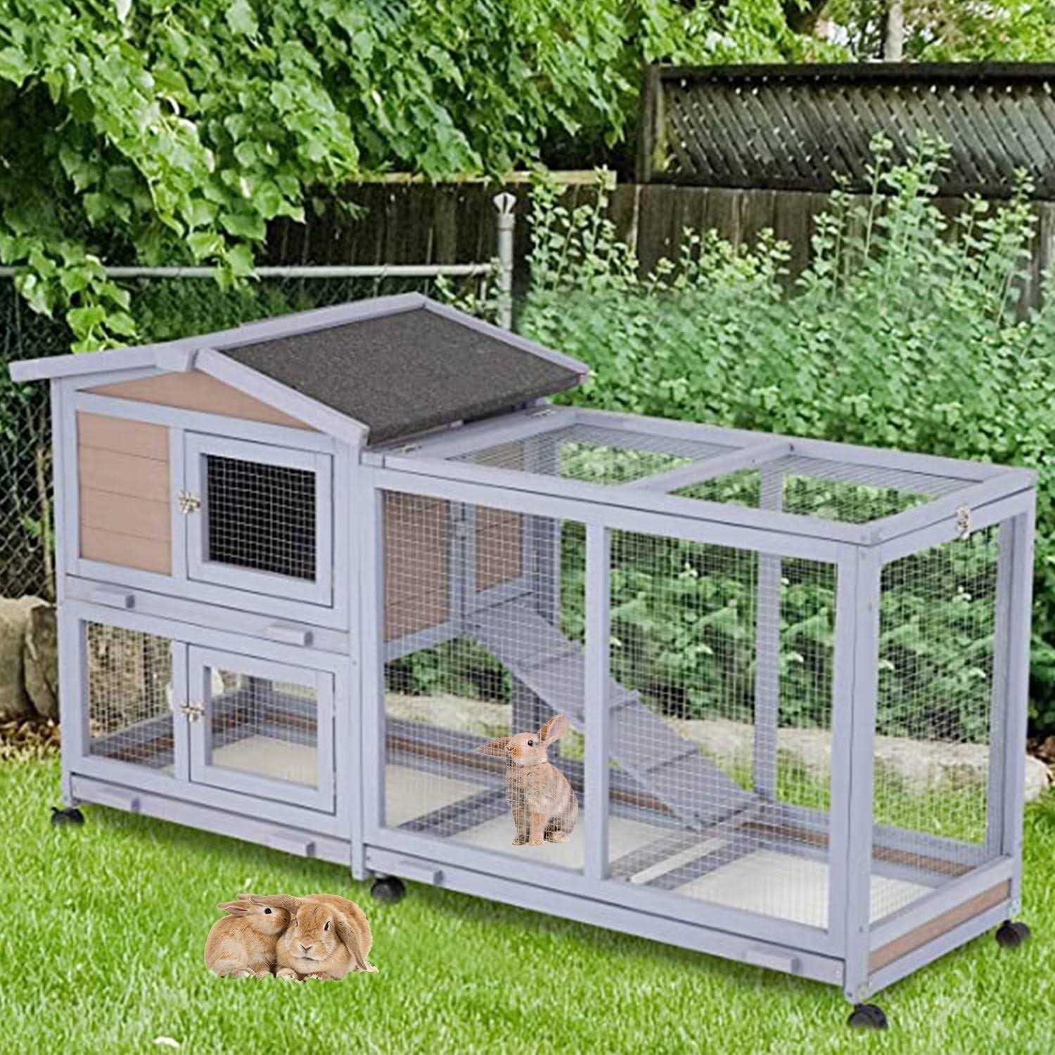 Niamvelo Wood Rabbit Hutch Indoor&amp;Outdoor Bunny Cage with Wheels &amp;Waterproof Roof for Small Animals - Pet Supplies online store