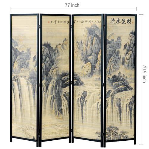 MyGift 4-Panel Folding Bamboo Room Divider Asian-Inspired Cherry Blossom Scene, 6 FT Freestanding Floral Artwork Room Partitioner with Beige Wood Frame